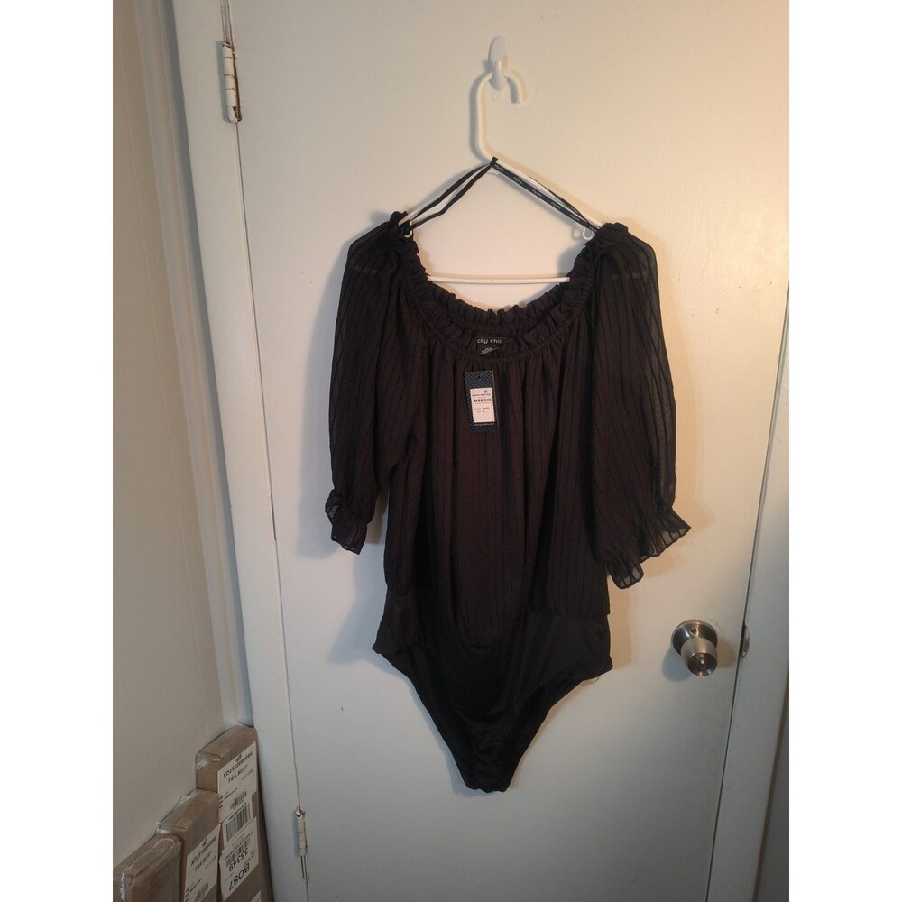 NWT City Chic Sweet Kiss Bodysuit Womens M 18 Black Off Shoulder Sheer Sleeve